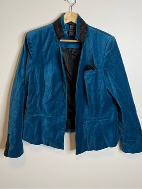 Olsen Teal Velvet Open-Front Blazer Jacket black sequin size 12 blue
